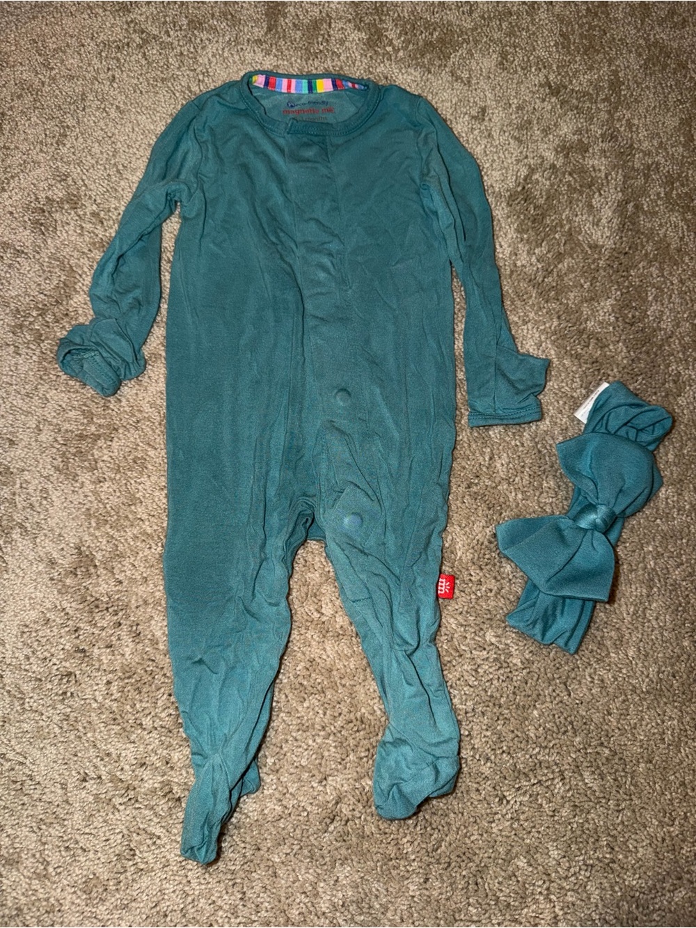 Magnetic Me Teal Long-Sleeve Footed One-Piece with Matching Headband